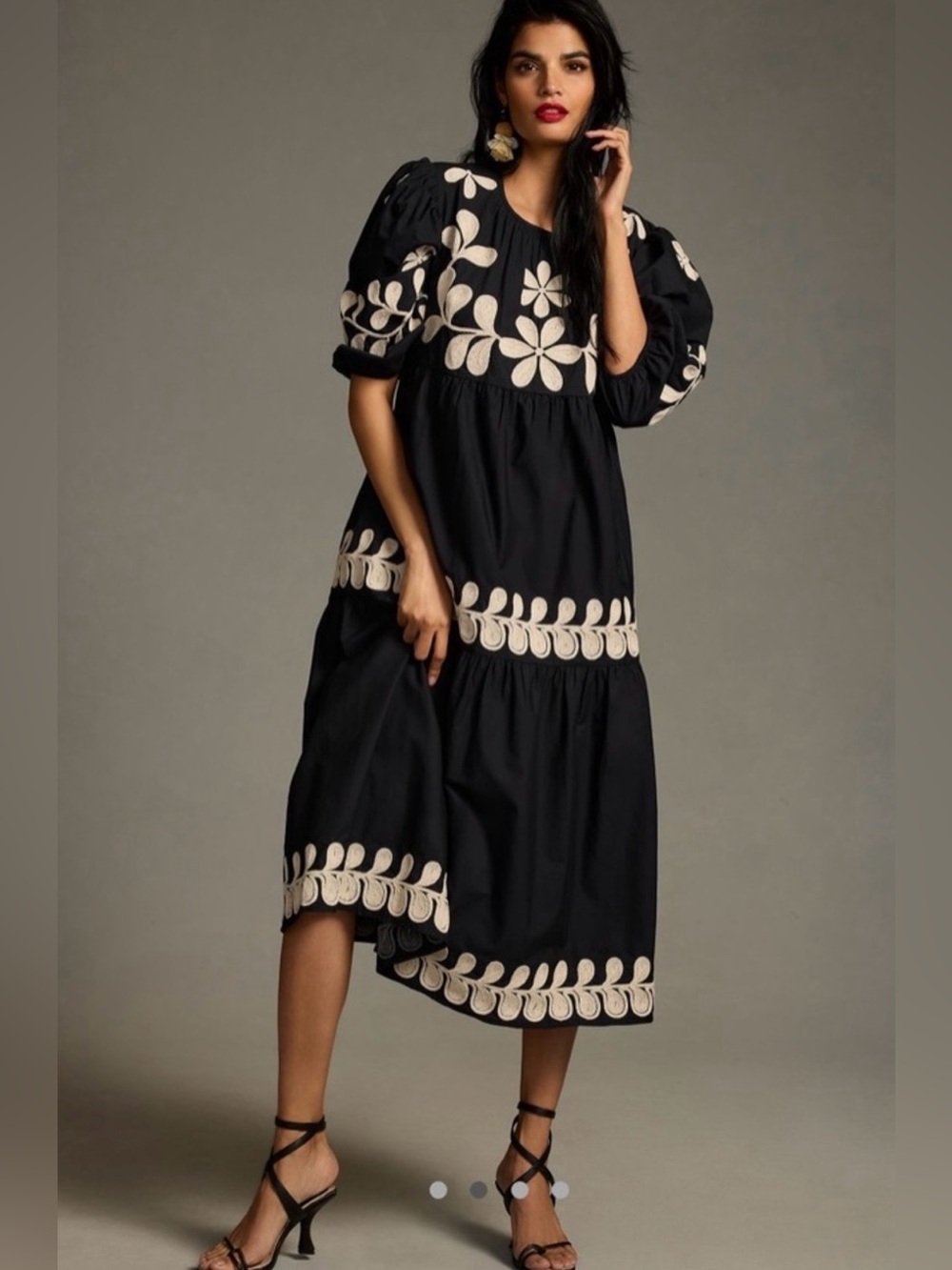 Anthropologie Black Cotton Midi Dress with Cream Embroidery
